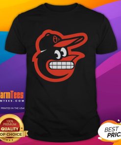 Funny grimacing Baltimore Orioles logo t-shirt featuring a comical oriole design, perfect for baseball fans.