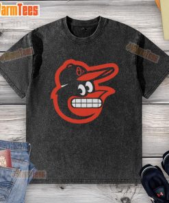 Funny grimacing Baltimore Orioles logo on a washed t-shirt, perfect for casual fans and baseball enthusiasts.