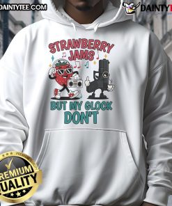 Funny 'Gun Strawberry Jams But My Glock Don't' hoodie design featuring a playful graphic and bold text.