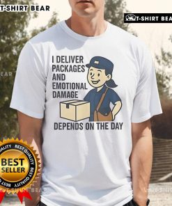 Funny I Deliver Packages And Emotional Damage T-Shirt design featuring humor about delivery work and emotional ups and downs.