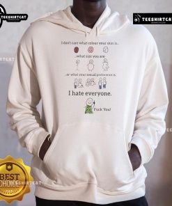 Alt Text: Funny hoodie with text: 'I don't care what color your skin is, I hate everyone' showcasing humor and inclusivity.