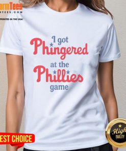 Funny 'I Got Phingered at the Phillies Game' ladies tee featuring playful graphics and vibrant colors for baseball fans.