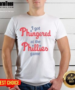 Funny I Got Phingered At The Phillies Game T-Shirt showcasing a humorous design for baseball fans at the Phillies game.