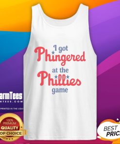 Funny tank top saying 'I Got Phingered At The Phillies Game,' perfect for baseball fans and humorous fashion.