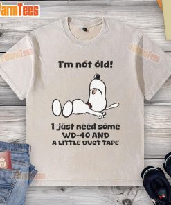 Alt Text: Funny Snoopy t-shirt with text: 'I'm not old, I just need WD-40 and duct tape' for humor lovers.