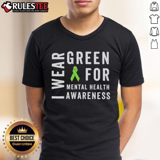 Alt Text: Funny May We Wear Green Messy Bun T-Shirt promoting mental health awareness with vibrant colors and playful design.