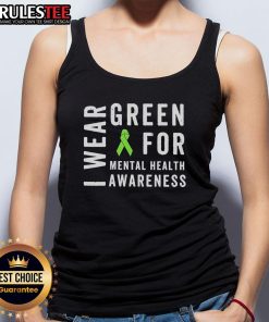 Alt Text: Funny May We Wear Green tank top with messy bun design promoting mental health awareness for casual wear.