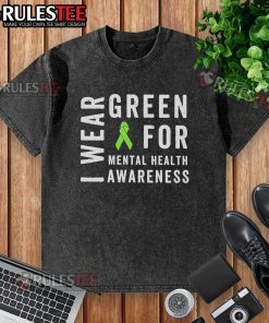 Funny May We Wear Green Messy Bun T-Shirt promoting mental health awareness with vibrant colors and a playful design.