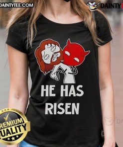 Funny Jesus He Has Risen meme on a ladies tee, perfect for Easter celebrations and humorous Christian apparel.