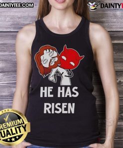 Funny Jesus He Has Risen meme tank top featuring a humorous graphic design celebrating Easter joy.
