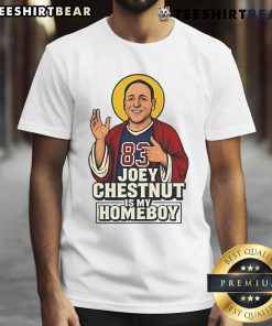 Alt Text: Funny Joey Chestnut Is My Homeboy hot dog T-shirt featuring a playful design with a cartoon hot dog and vibrant colors.