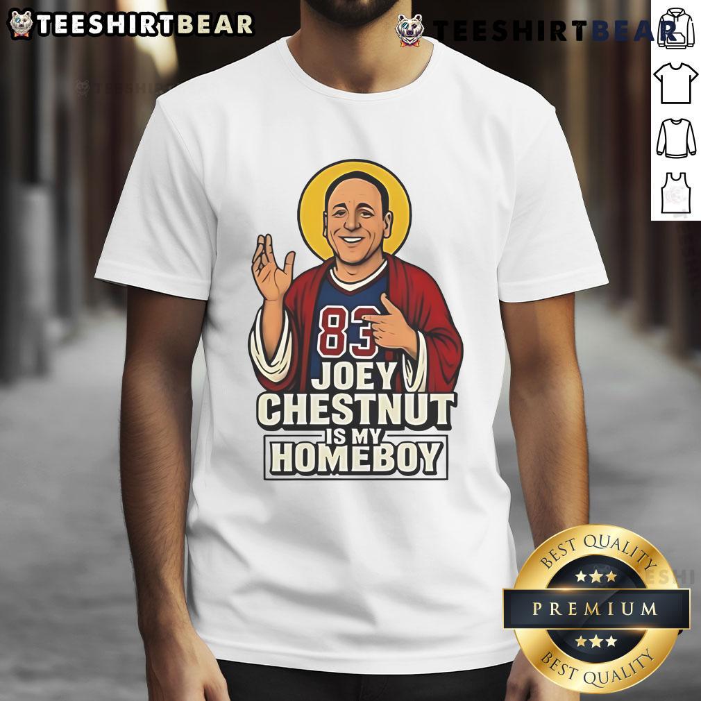 Funny Joey Chestnut Is My Homeboy Hot Dog T Shirt Alt Text: Funny Joey Chestnut Is My Homeboy hot dog T-shirt featuring a playful design with a cartoon hot dog and vibrant colors.