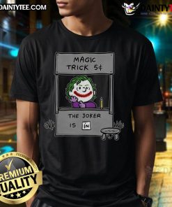 Alt Text: Funny Jokenuts Peanuts Joker 5 Cent magic trick T-shirt featuring The Joker design for comic and humor fans.