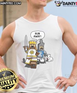 Funny Lego Cowardly King Killer Rabbit tank top featuring a whimsical design of iconic characters in vibrant colors.