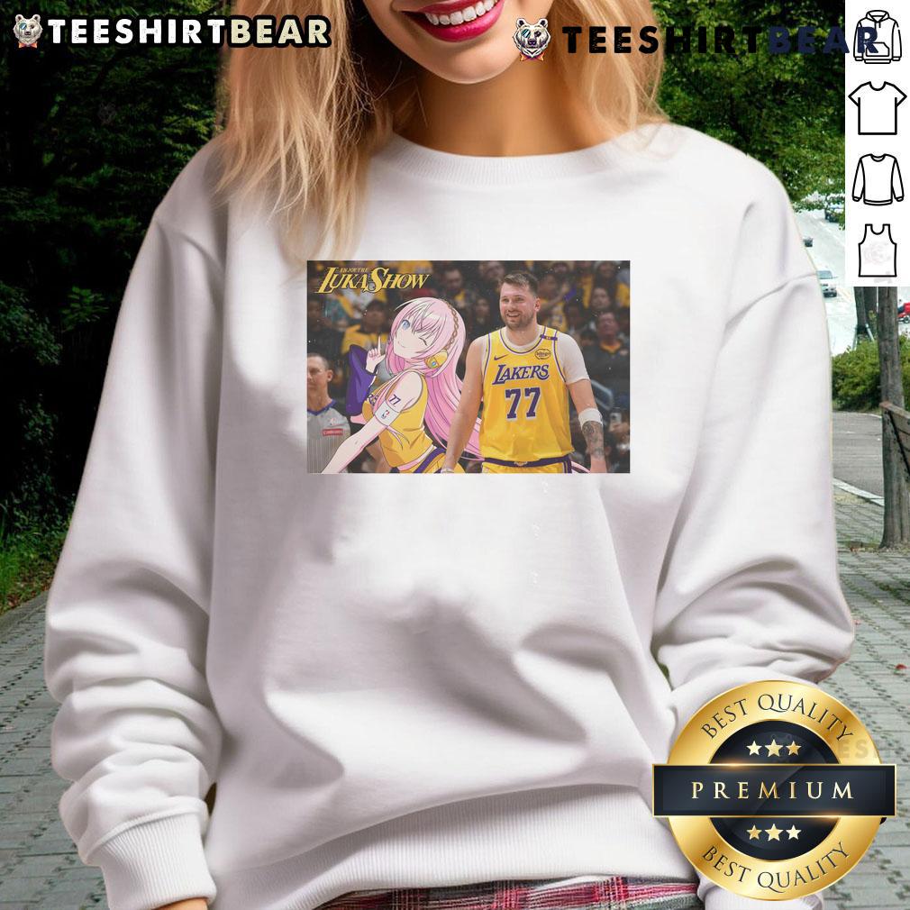Funny Luka X Luka Lukashow Los Angeles Lakers Anime Sweatshirt Funny Luka x Luka Show anime sweatshirt featuring the Los Angeles Lakers logo, perfect for basketball fans and anime lovers.