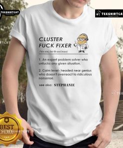 Funny Minion Cluster Fck Fixer T-Shirt featuring vibrant Minion graphics and humorous text for playful fashion fans.