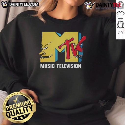 Funny MTV Music Television sweatshirt featuring a colorful graphic design and playful text, perfect for music lovers.