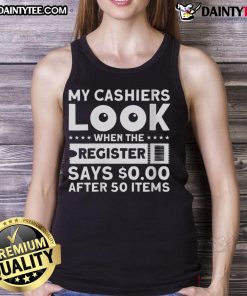 Funny cashier look in a tank top when the register shows $0 after scanning 50 items, capturing a humorous shopping moment.