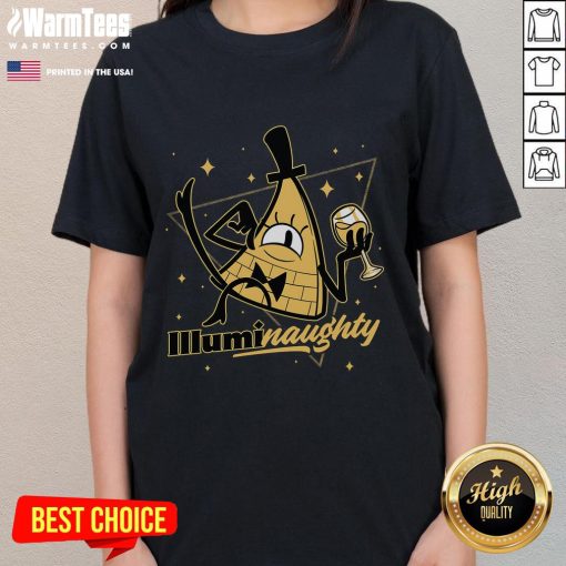 Funny Naughty Illuminati Triangle Bill Cipher design on a ladies tee inspired by Gravity Falls, perfect for fans.