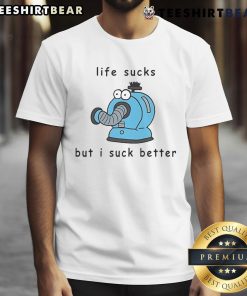 Alt Text: Funny Noo Noo Teletubbies 'Life Sucks But I Suck Better' T-Shirt featuring a quirky design and vibrant colors.