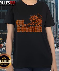 Alt Text: Funny OK Boomer Cincinnati Football Tiger Ladies Tee in vibrant colors, perfect for game day and casual wear.