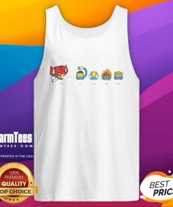 Funny Pac-Tastic Four tank top featuring a playful mashup of Pac-Man and the Fantastic Four for quirky fans.