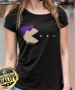 Funny Pill Man Pac-Man Ladies Tee featuring a quirky graphic of Pac-Man with a pill theme, perfect for gamers and humor lovers.