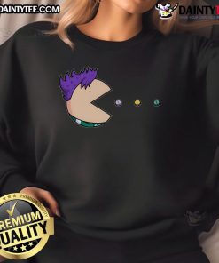 Funny Pill Man Pac-Man sweatshirt featuring colorful graphics of Pac-Man and pills, perfect for gamers and quirky fashion lovers.