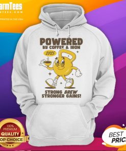 Funny Powered By Coffee And Iron Kettlebell Gym Hoodie design featuring a kettlebell and coffee graphic for fitness enthusiasts.