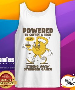 Funny Powered by Coffee and Iron Kettlebell Gym Tank Top for fitness enthusiasts and coffee lovers.