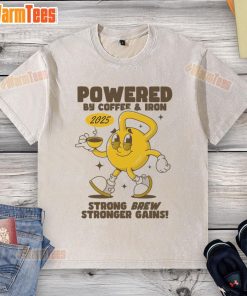 Funny Powered By Coffee And Iron Kettlebell Gym T-Shirt in vibrant colors, perfect for fitness enthusiasts and coffee lovers.