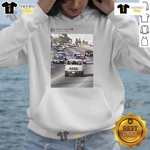 Funny hoodie featuring Trump and Vance chasing Obama in police cars, blending humor and politics in a unique design.