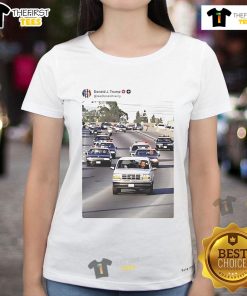 Funny real Trump and Vance chasing down Obama in police cars on a ladies tee, showcasing a humorous political scene.
