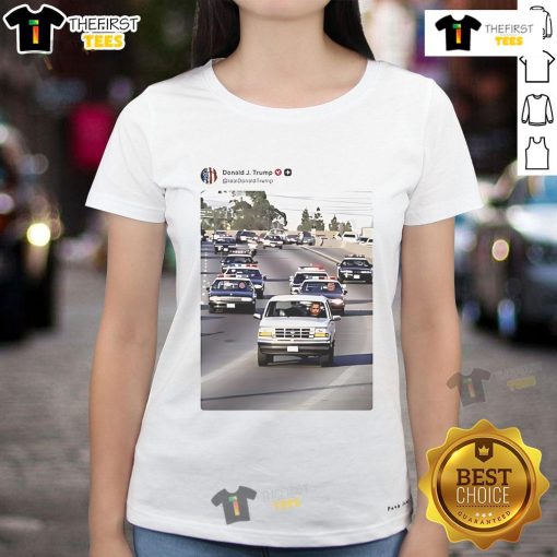 Funny real Trump and Vance chasing down Obama in police cars on a ladies tee, showcasing a humorous political scene.