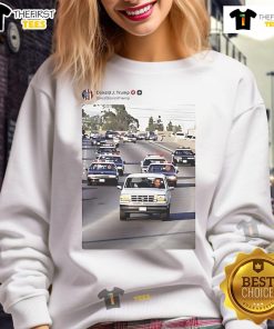 Funny sweatshirt featuring Trump and Vance humorously chasing Obama in police cars, perfect for political satire fans.