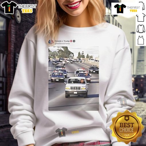 Funny sweatshirt featuring Trump and Vance humorously chasing Obama in police cars, perfect for political satire fans.