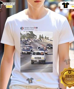 Funny Real Trump and Vance chasing Obama in police cars T-Shirt design, perfect for political humor fans.