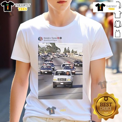 Funny Real Trump and Vance chasing Obama in police cars T-Shirt design, perfect for political humor fans.