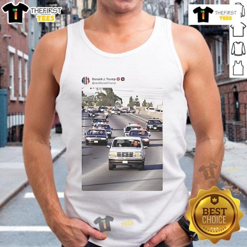 Funny image of Trump and Vance chasing Obama in police cars, wearing tank tops, showcasing a humorous political scene.