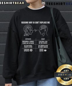 Funny Reasons Why AI Can't Replace Me Sweatshirt design featuring humorous text and vibrant colors, perfect for tech lovers.
