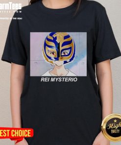 Funny Rei Mysterio Rei Ayanami anime ladies tee featuring a playful design, perfect for anime fans and casual wear.