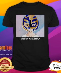 Funny Rei Mysterio Rei Ayanami anime T-shirt featuring a playful graphic of Rei in a wrestling pose, perfect for fans.