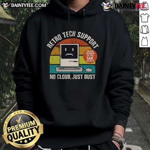 Funny retro tech support hoodie featuring 'No Cloud, Just Dust' slogan, perfect for vintage tech enthusiasts.