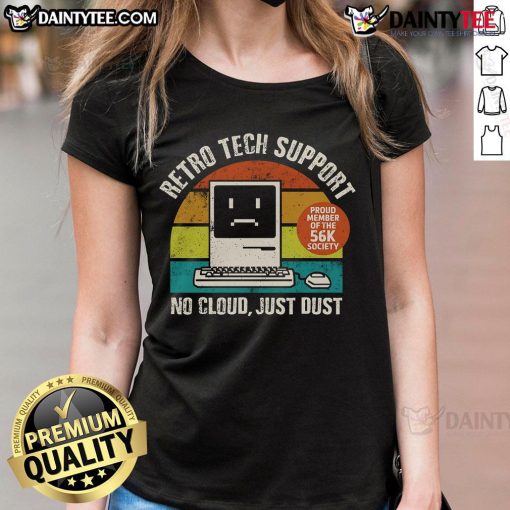 Funny retro tech support tee featuring vintage ladies with the slogan 'No Cloud, Just Dust' for tech enthusiasts.