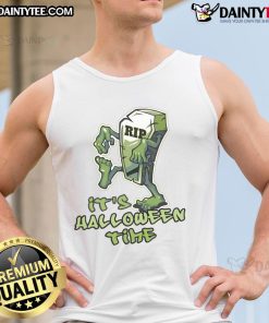 Funny RIP tombstone graphic on a Halloween-themed tank top, perfect for spooky season festivities and monster lovers.