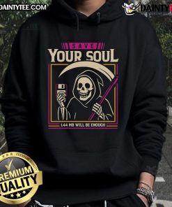 Funny Grim Reaper hoodie design with floppy disk, captioned 'Save Your Soul - 1.44MB Will Be Enough' for quirky style.