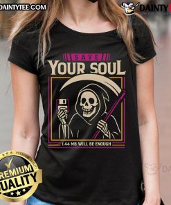 Funny 'Save Your Soul' Grim Reaper ladies tee featuring a floppy disk design, perfect for quirky fashion lovers.