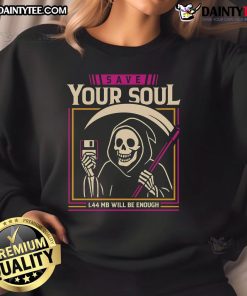 Alt Text: Funny 'Save Your Soul' Grim Reaper sweatshirt featuring a floppy disk design, perfect for quirky fashion lovers.