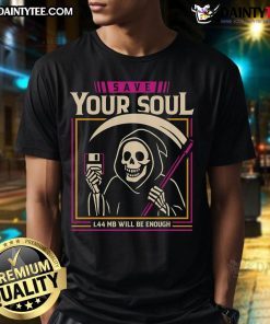 Alt Text: Funny Save Your Soul Grim Reaper T-Shirt featuring a floppy disk design, perfect for tech and humor enthusiasts.