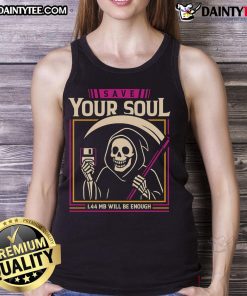 Funny Grim Reaper tank top design with floppy disk and 'Save Your Soul' text, perfect for tech and humor lovers.